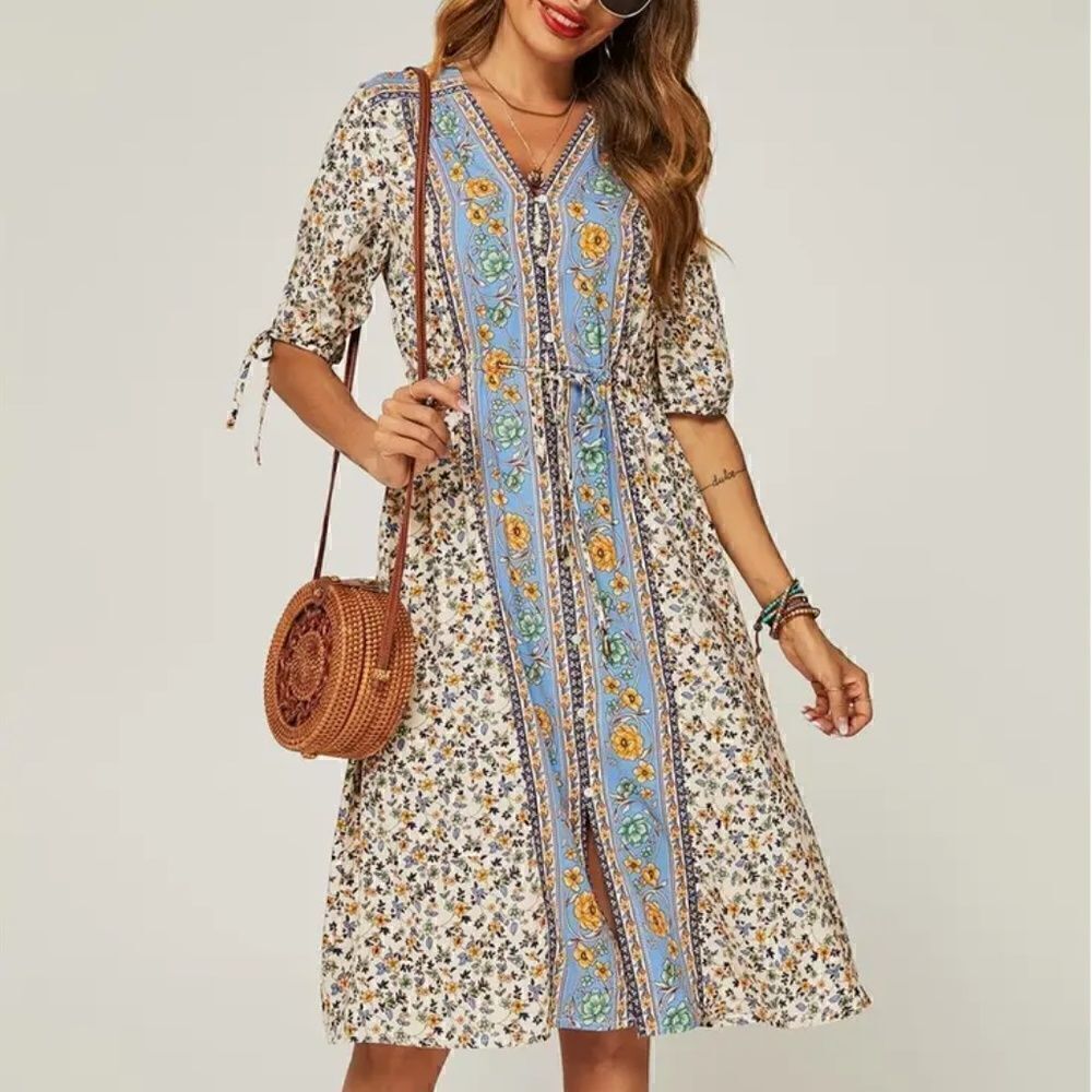 NEW! Boho Relaxed Blue Block Color Floral Printed Skater Knee Length  Dress